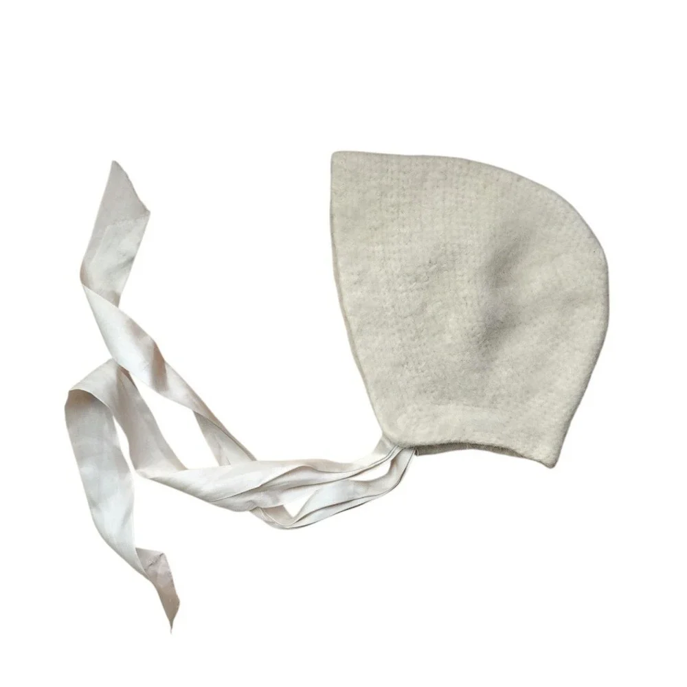 VINTAGE 60s Cream Angora Blend Baby Bonnet with Satin Ribbon Ties Toddler‎